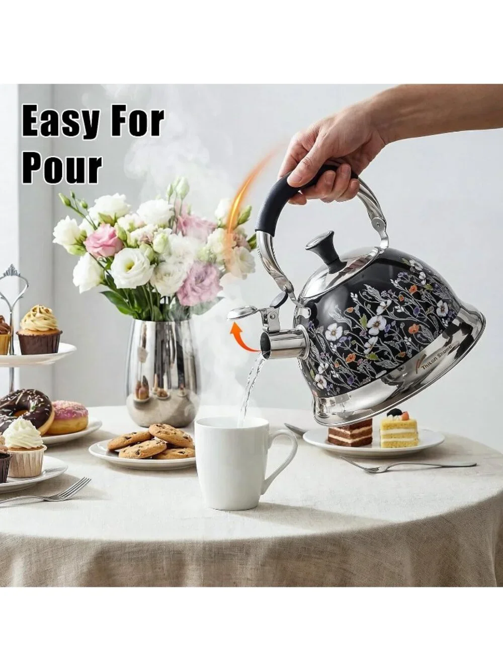 Black Field Flower 304 Stainless Steel Whistling Tea Kettle 3.1 Quart Stovetop